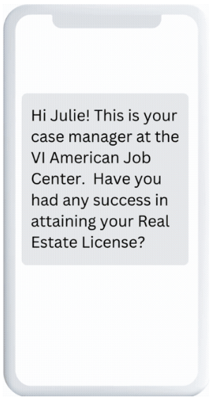 This is a screenshot of a picture that shows a text from a job center to a potential job seeker.